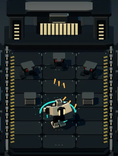 Actual Counterforge gameplay: a cyan mech catches amber volleys in an industrial arena.