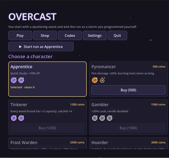 Screenshot of Overcast - Spellcrafting Bullet-Heaven