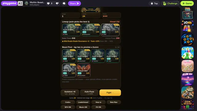Screenshot of Mythic Beast Merge — a game made with AI and brought to you by #PlaygamaMCP.